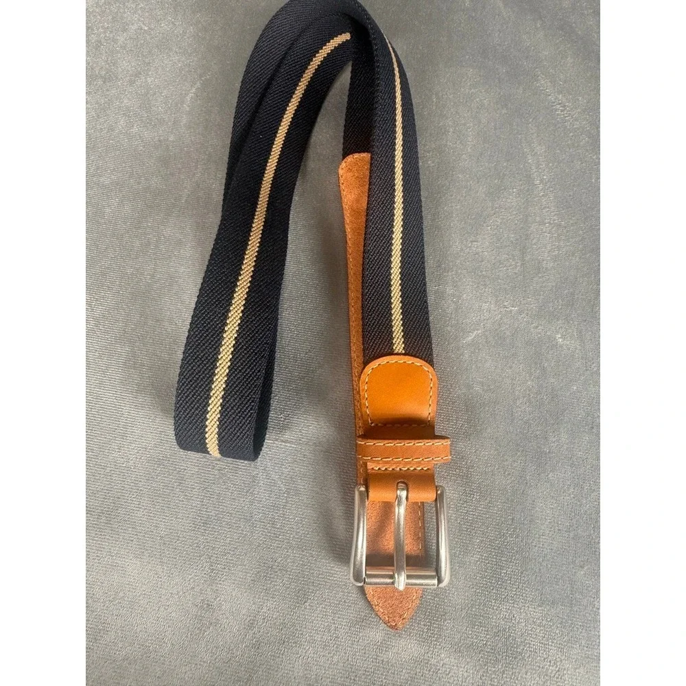 L.L.Bean Stretch Web Belt Navy Tan Stripe Full Grain Leather Trim Size 38 USA